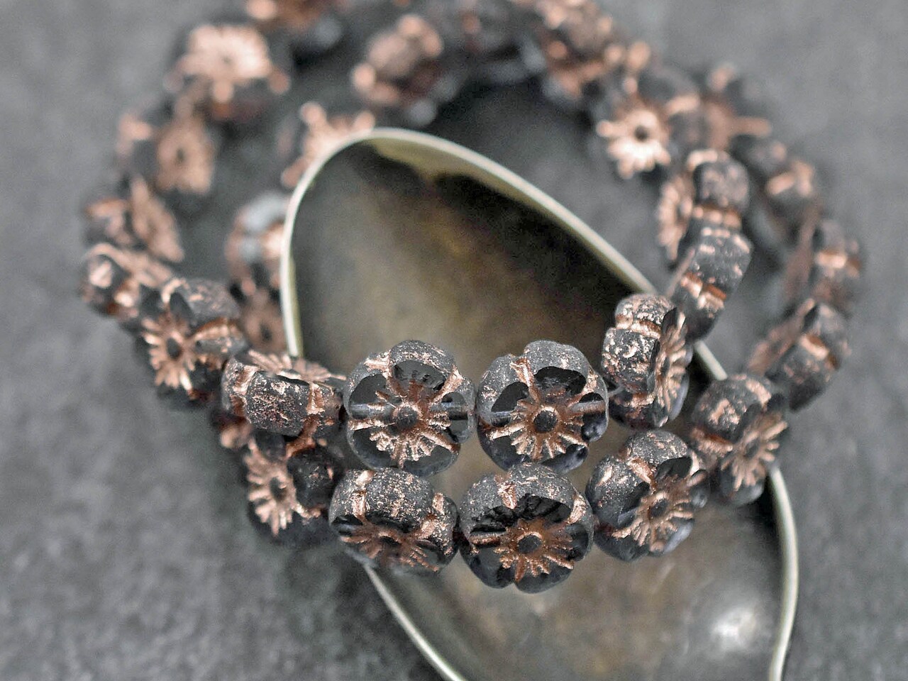 *16* 9mm Copper Washed Etched Gray Table Cut Hawaiian Flower Beads